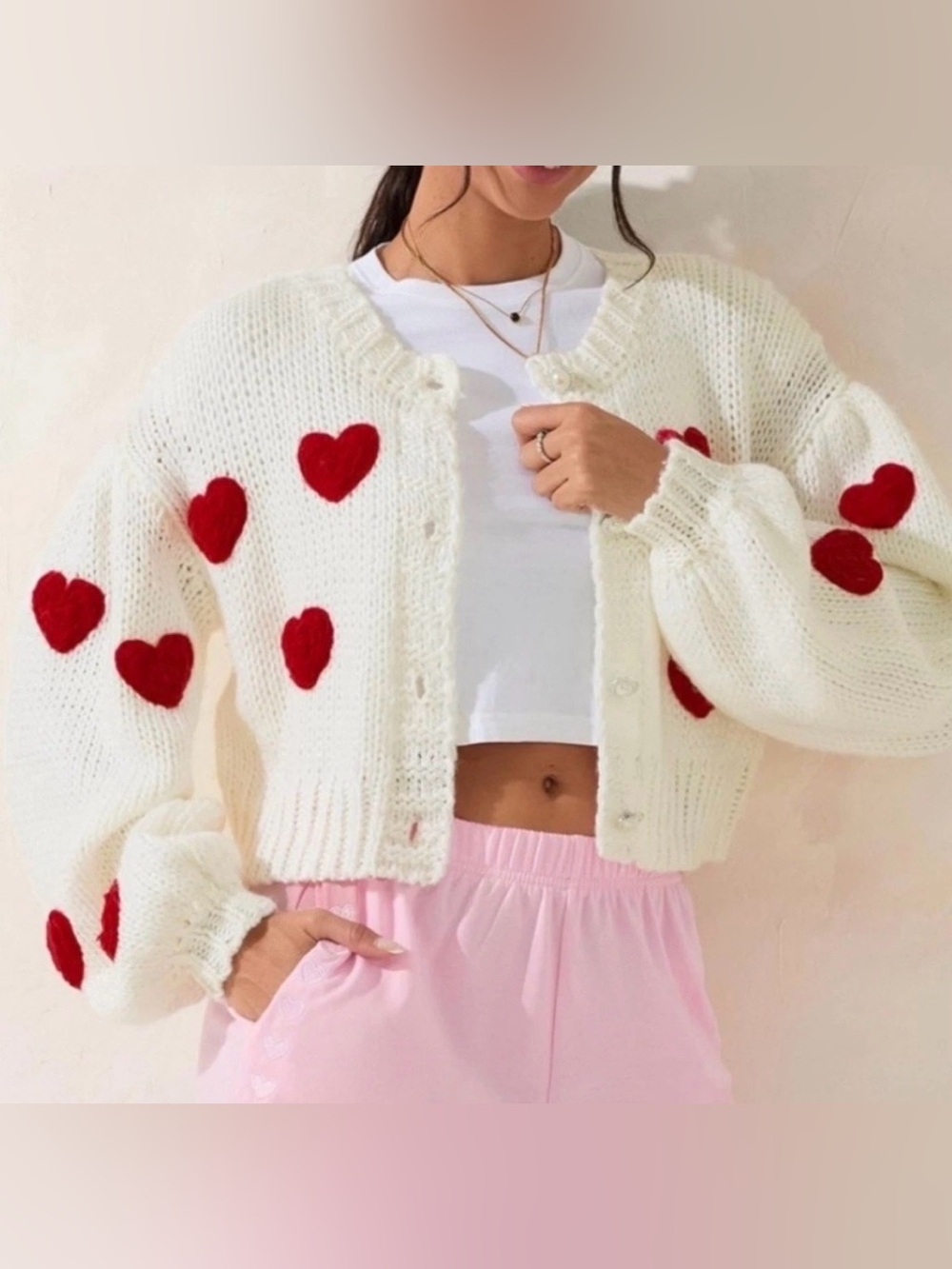 Luna + Ivy Anthropologie Sweater 3D Knit Cardigan Appliqué Hearts Women’s Medium
